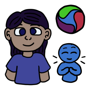a half body drawing of a person. they have long dark hair, light skin dark blue eyes and a blue shirt. the whole portrait is tinted blue slightly. to their right is the internal family systems symbol , and below it a nonspecific blue figure pointing to themself